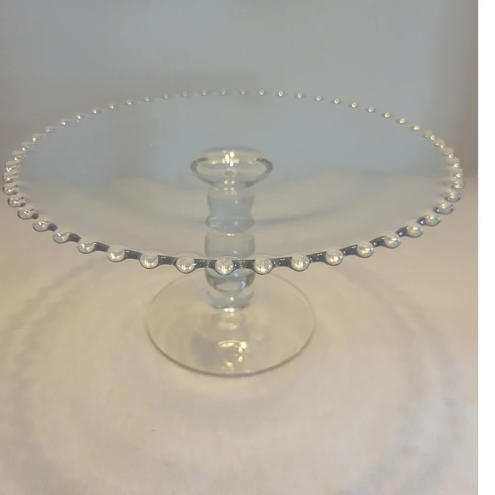 Cake‎ Stand 11in Clear Glass Beaded Rim Stacked Ball Pedestal Base Dessert Party
